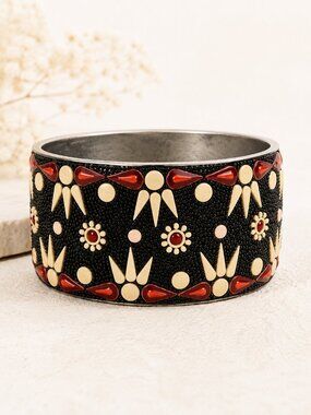 Vintage Wide Metal Bangle Black Red Ivory Seed Bead Mosaic